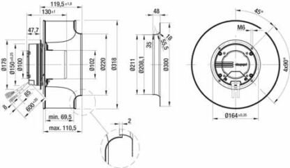 K3G310-AJ40-71 — Moto-turbine centrifuge double ouïe ebm-papst, Ø310 mm, technologie EC (GreenTech) — ebm-papst