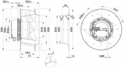 K3G355-AI56-02 — Moto-turbine centrifuge double ouïe ebm-papst, Ø355 mm, technologie EC (GreenTech) — ebm-papst