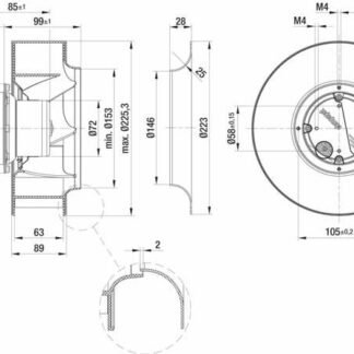 R3G225-AE11-02 — Ventilateur centrifuge pales incurvées vers l'arrière ebm-papst, Ø225 mm, technologie EC (GreenTech) — ebm-papst