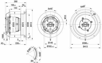 R4D355-CM03-01 — Ventilateur centrifuge pales incurvées vers l'arrière ebm-papst, Ø355 mm, technologie AC triphasé — ebm-papst