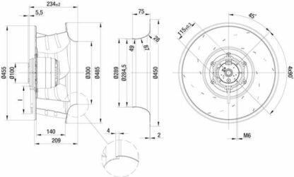 R4E450-AK01-01 — Ventilateur centrifuge pales incurvées vers l'arrière ebm-papst, Ø450 mm, technologie AC monophasé — ebm-papst