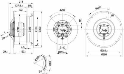 R6D250-CE01-01 — Ventilateur centrifuge pales incurvées vers l'arrière ebm-papst, Ø250 mm, technologie AC triphasé — ebm-papst