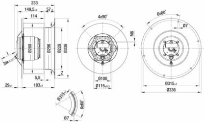 R6D280-CE01-01 — Ventilateur centrifuge pales incurvées vers l'arrière ebm-papst, Ø280 mm, technologie AC triphasé — ebm-papst