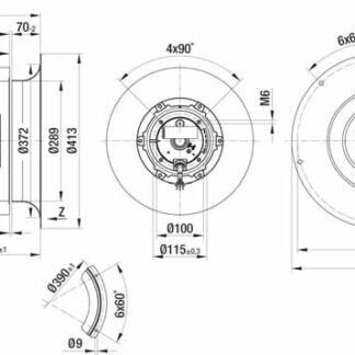R6D355-CI05-01 — Ventilateur centrifuge pales incurvées vers l'arrière ebm-papst, Ø355 mm, technologie AC triphasé — ebm-papst