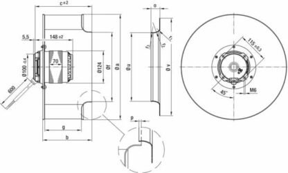 R6E450-AB06-06 — Ventilateur centrifuge pales incurvées vers l'arrière ebm-papst, Ø450 mm, technologie AC monophasé — ebm-papst